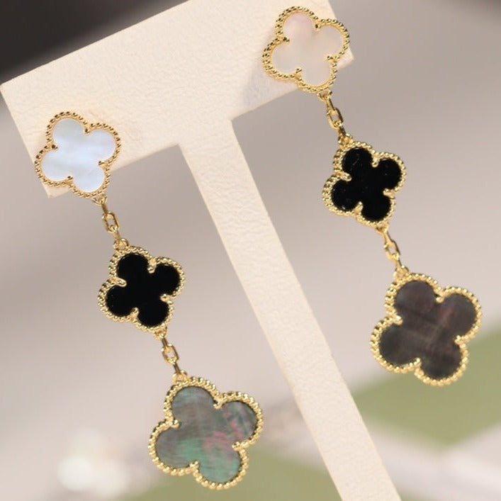 [⭐DORISW] CLOVER EARRINGS GOLD ONYX MOP 3 MOTIF