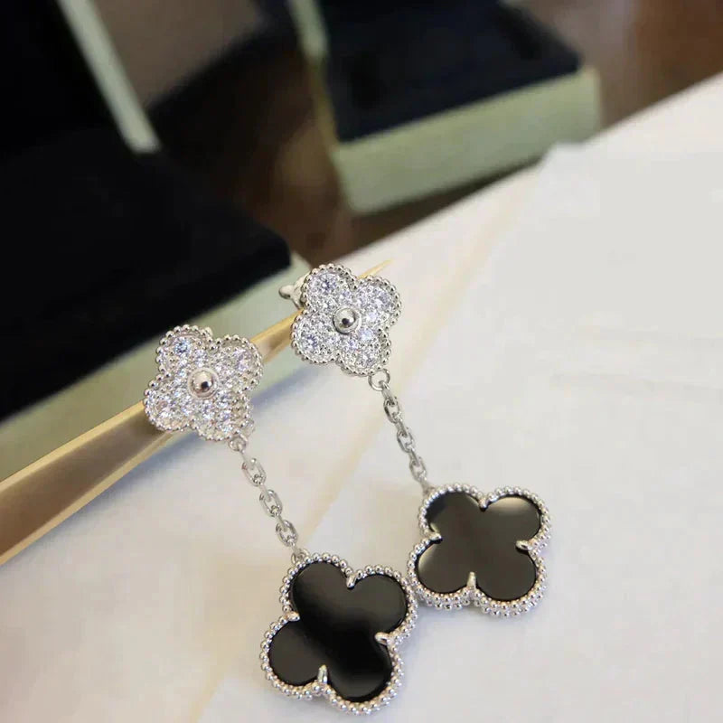 [⭐DORISW] CLOVER 2 MOTIFS  DIAMOND ONYX EARRINGS SILVER