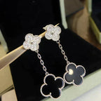 [⭐DORISW] CLOVER 2 MOTIFS  DIAMOND ONYX EARRINGS SILVER