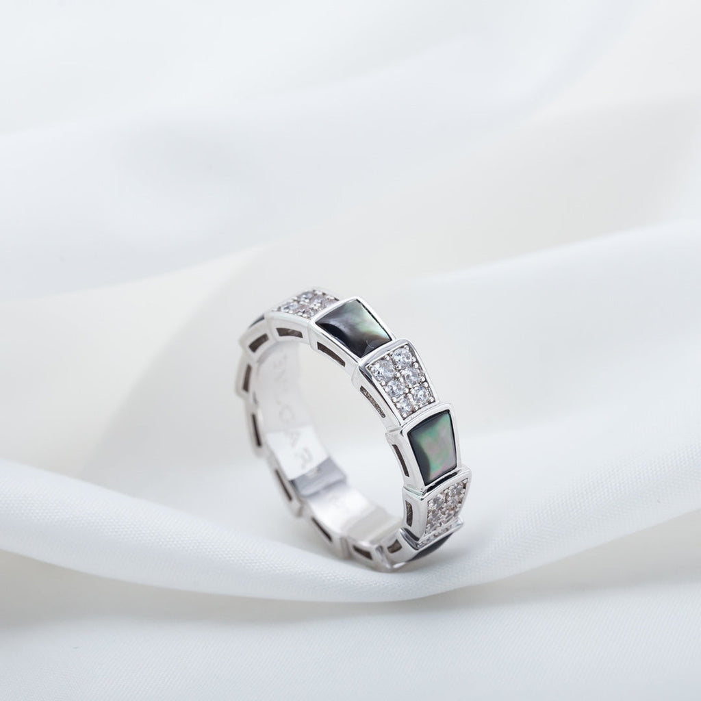 [⭐DORISW]SERPENTI RING SILBER DIAMANT SCHWARZES PERLMUTT 4MM
