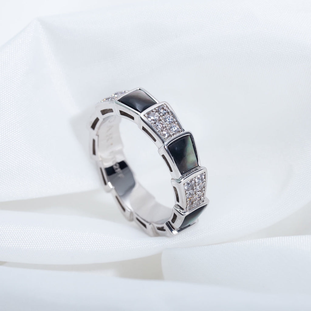 [⭐DORISW]SERPENTI RING SILBER DIAMANT SCHWARZES PERLMUTT 4MM