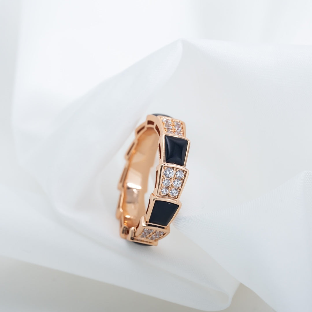 [⭐DORISW]SERPENTI RING ROSEGOLD SCHWARZES PERLMUTT DIAMANT-PAVÉ 4MM