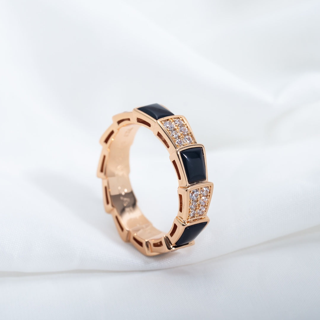 [⭐DORISW]SERPENTI RING ROSEGOLD SCHWARZES PERLMUTT DIAMANT-PAVÉ 4MM
