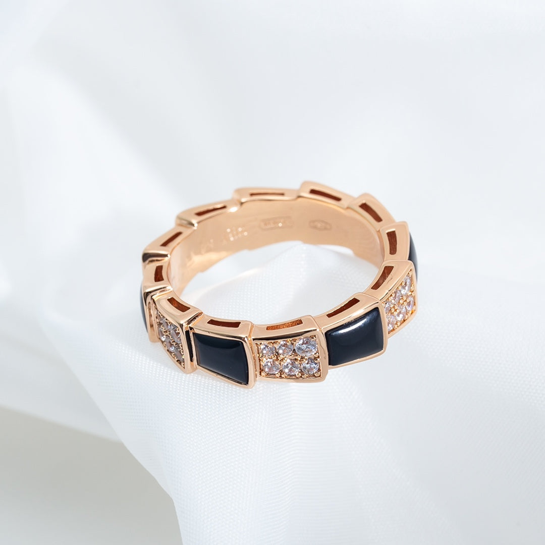 [⭐DORISW]SERPENTI RING ROSEGOLD SCHWARZES PERLMUTT DIAMANT-PAVÉ 4MM