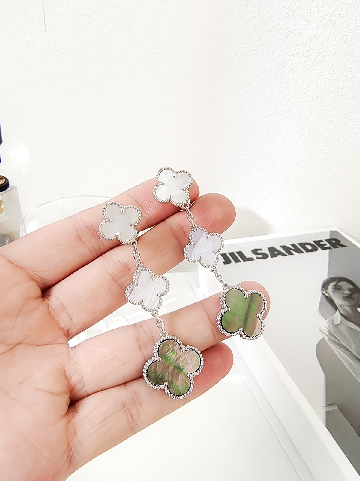 [⭐DORISW] CLOVER OHRRINGE MIT 3 MOTIVEN, CHALCEDON, DUNKLER PERLMUTT, SILBER