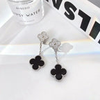 [⭐DORISW] CLOVER 2 MOTIFS  DIAMOND ONYX EARRINGS SILVER
