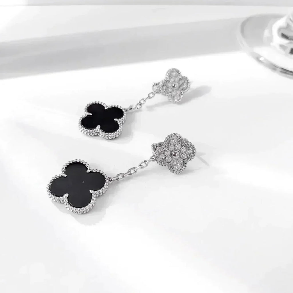 [⭐DORISW] CLOVER 2 MOTIFS  DIAMOND ONYX EARRINGS SILVER