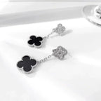 [⭐DORISW] CLOVER 2 MOTIFS  DIAMOND ONYX EARRINGS SILVER