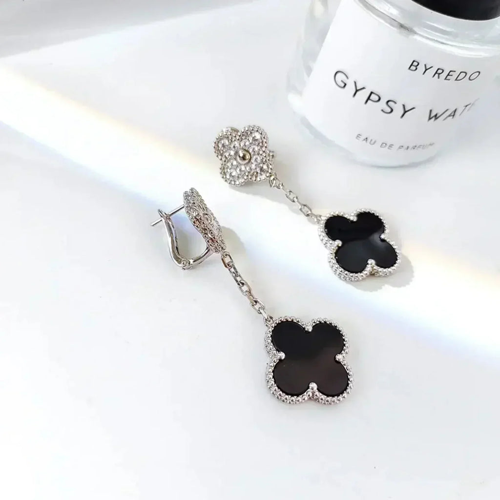 [⭐DORISW] CLOVER 2 MOTIFS  DIAMOND ONYX EARRINGS SILVER