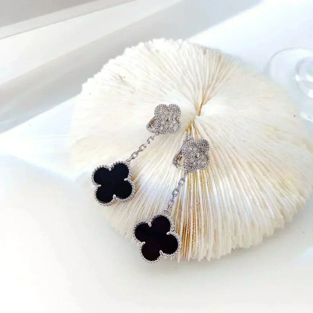 [⭐DORISW] CLOVER 2 MOTIFS  DIAMOND ONYX EARRINGS SILVER
