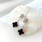 [⭐DORISW] CLOVER 2 MOTIFS  DIAMOND ONYX EARRINGS SILVER