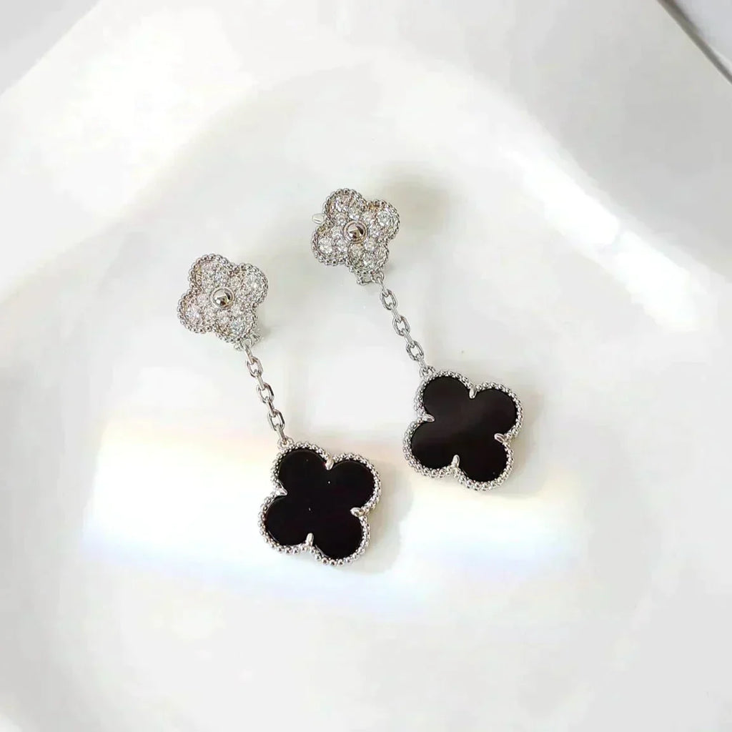 [⭐DORISW] CLOVER 2 MOTIFS  DIAMOND ONYX EARRINGS SILVER
