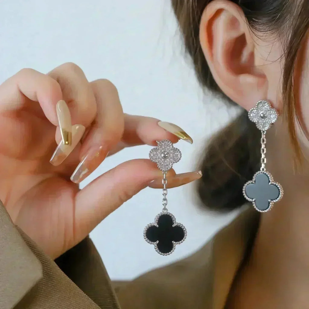 [⭐DORISW] CLOVER 2 MOTIFS  DIAMOND ONYX EARRINGS SILVER