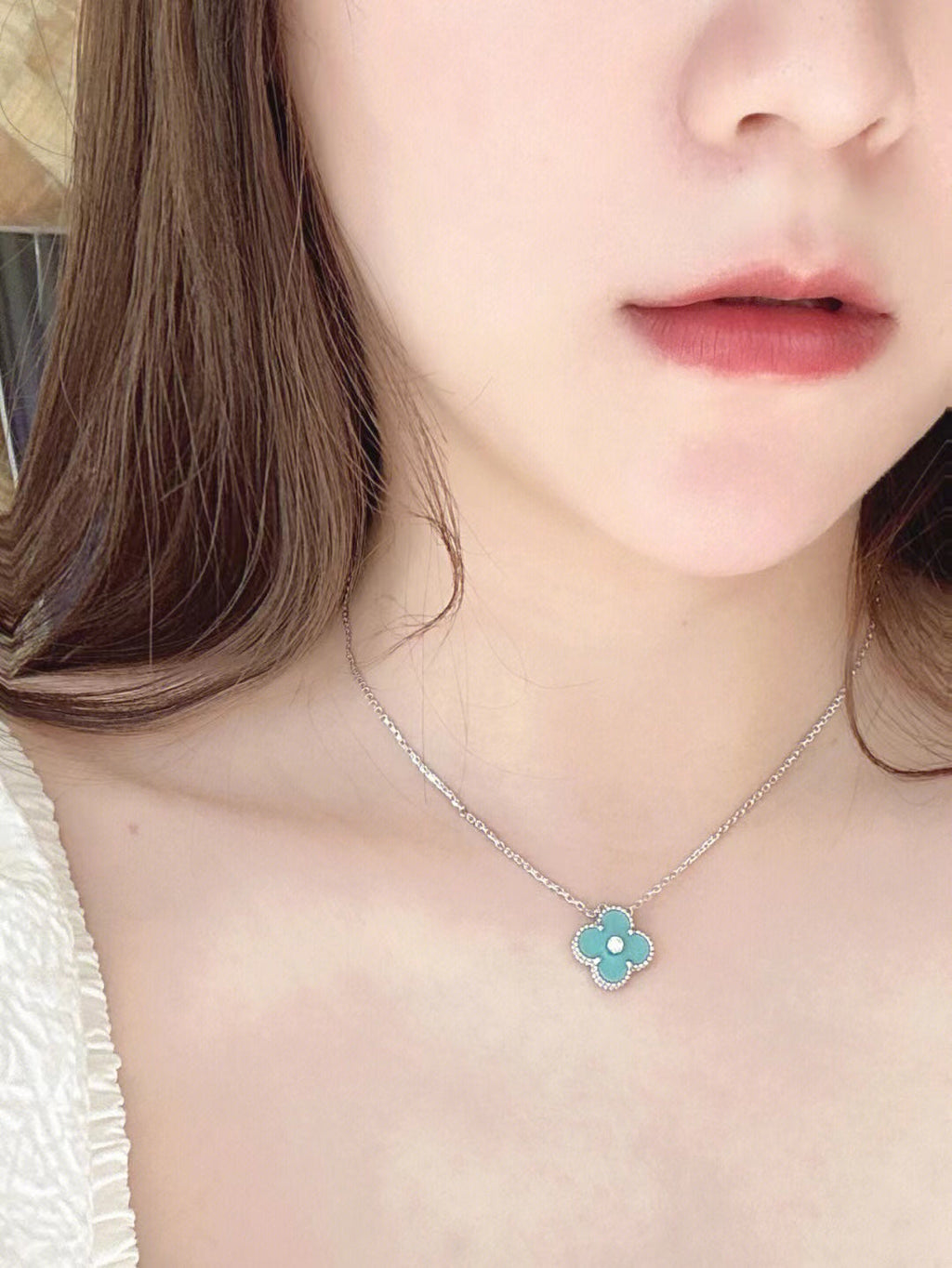 [⭐DORISW] CLOVER 1 DIAMANT HELLBLAUE SILBERHALSKETTE