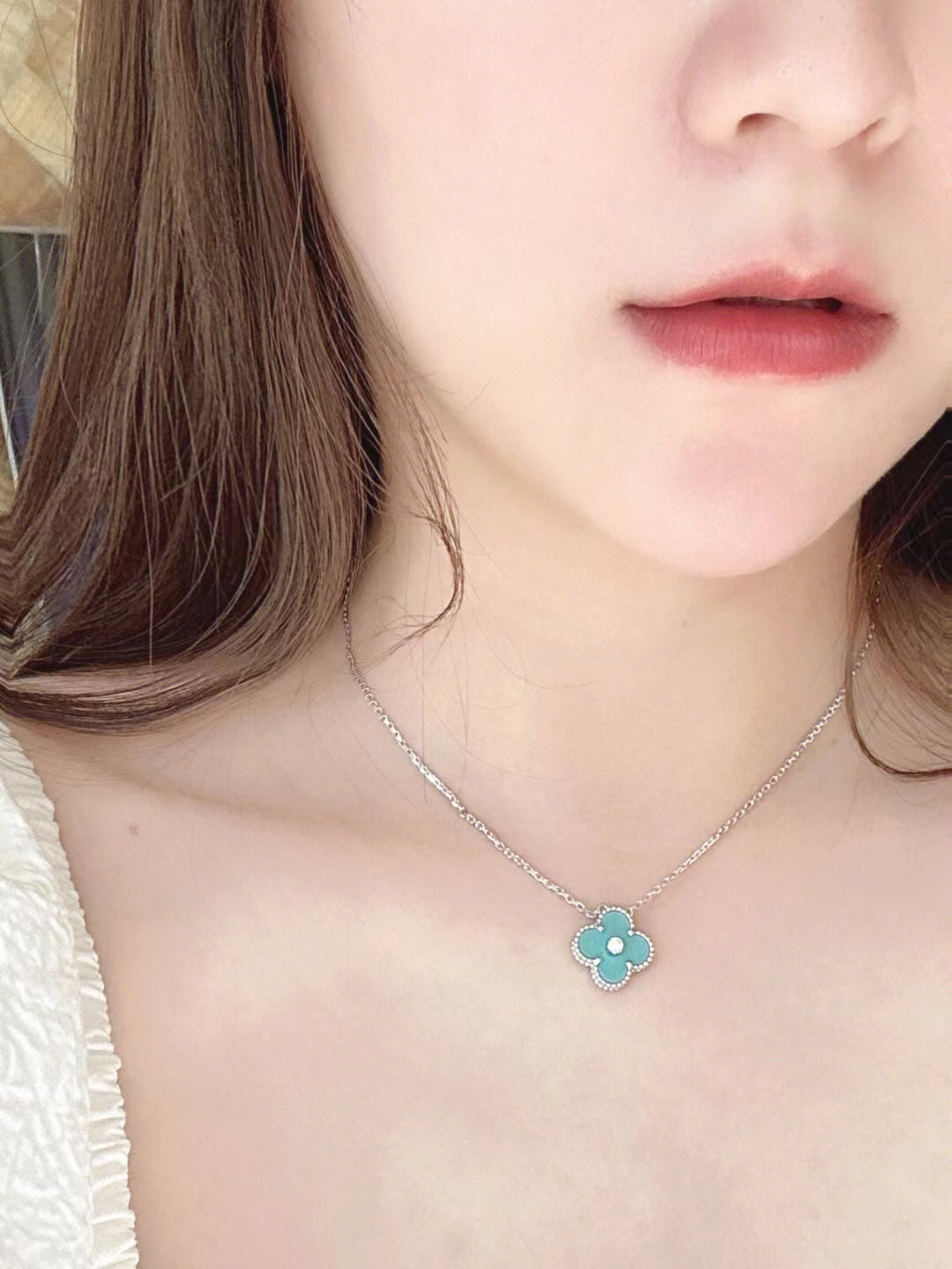 [⭐DORISW] CLOVER 1 DIAMANT HELLBLAUE SILBERHALSKETTE