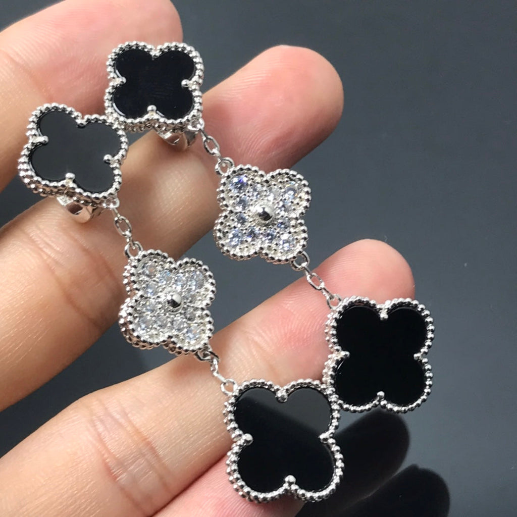 [⭐DORISW] CLOVER 3-MOTIV DIAMANT ONYX SILBEROHRRINGE
