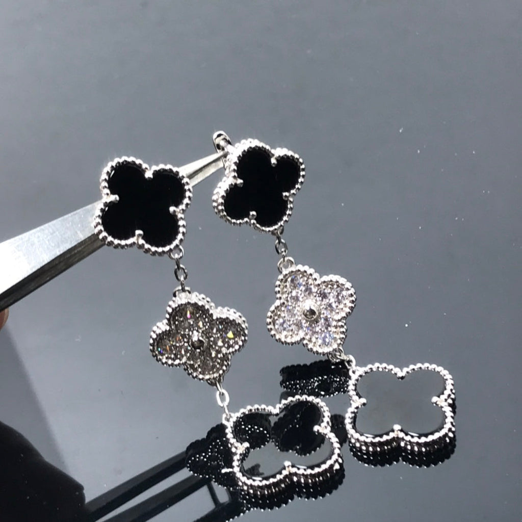 [⭐DORISW] CLOVER 3-MOTIV DIAMANT ONYX SILBEROHRRINGE