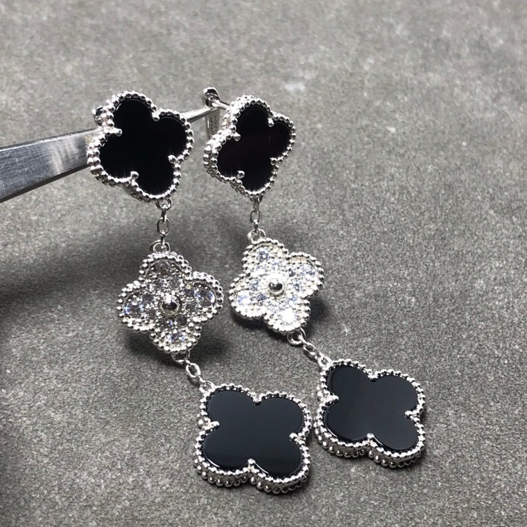 [⭐DORISW] CLOVER 3-MOTIV DIAMANT ONYX SILBEROHRRINGE