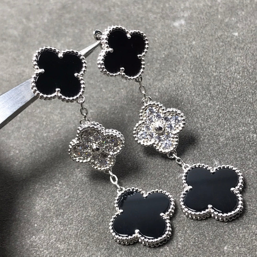[⭐DORISW] CLOVER 3-MOTIV DIAMANT ONYX SILBEROHRRINGE