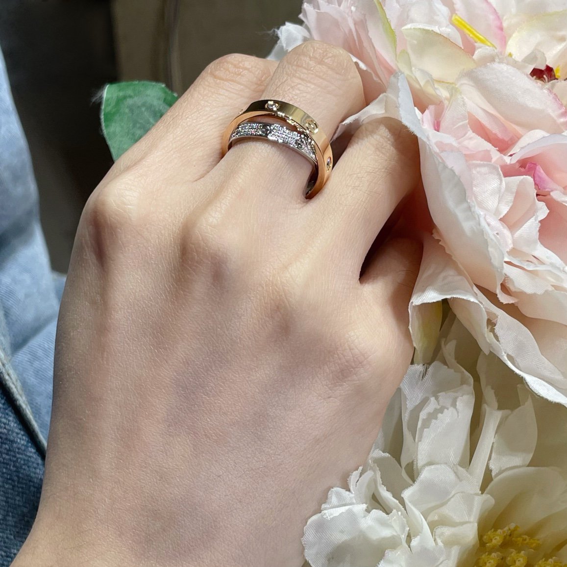 [⭐DORISW] LOVE PINK GOLD SILVER DIAMOND DOUBLE RING