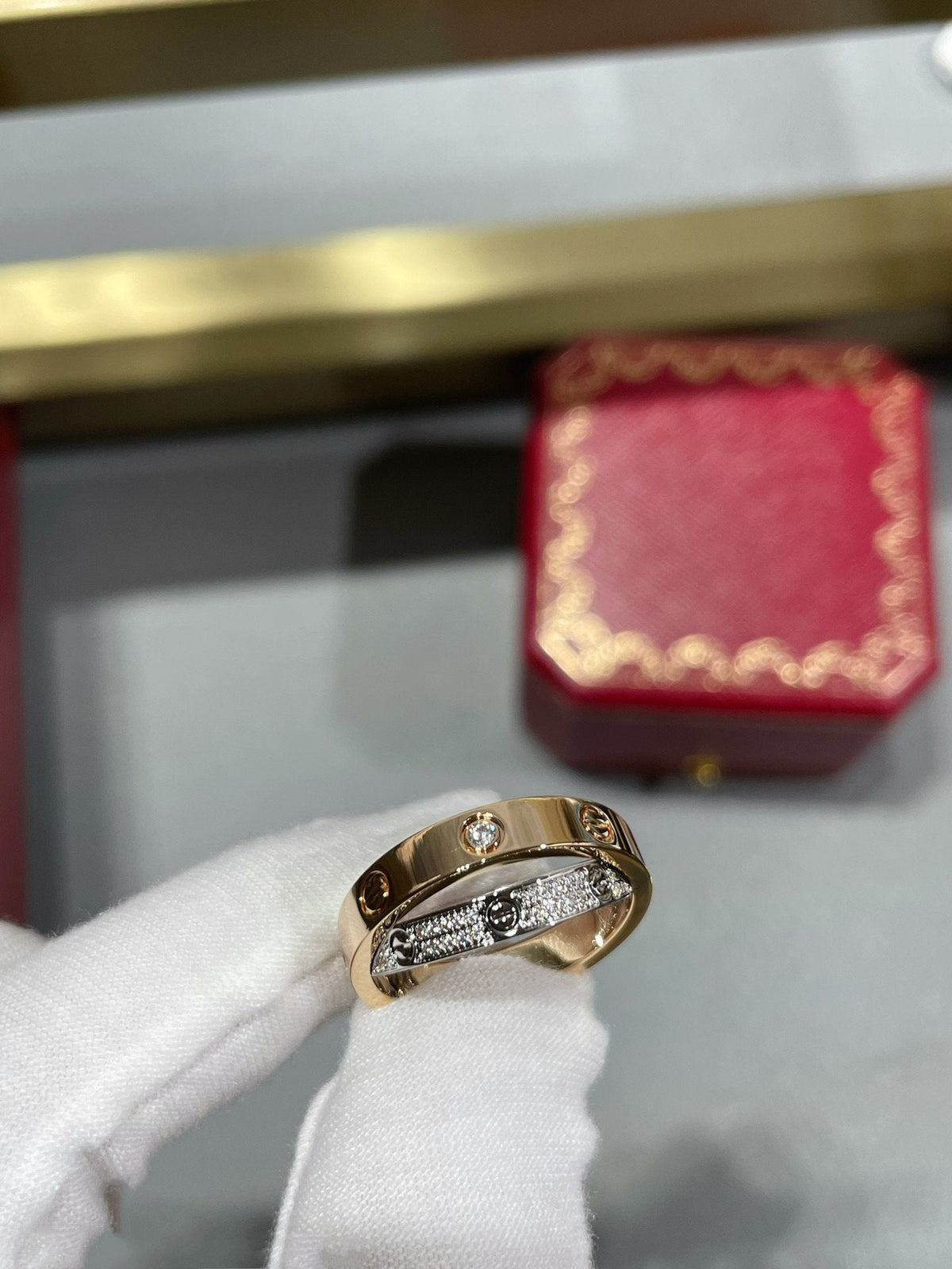 [⭐DORISW] LOVE PINK GOLD SILVER DIAMOND DOUBLE RING