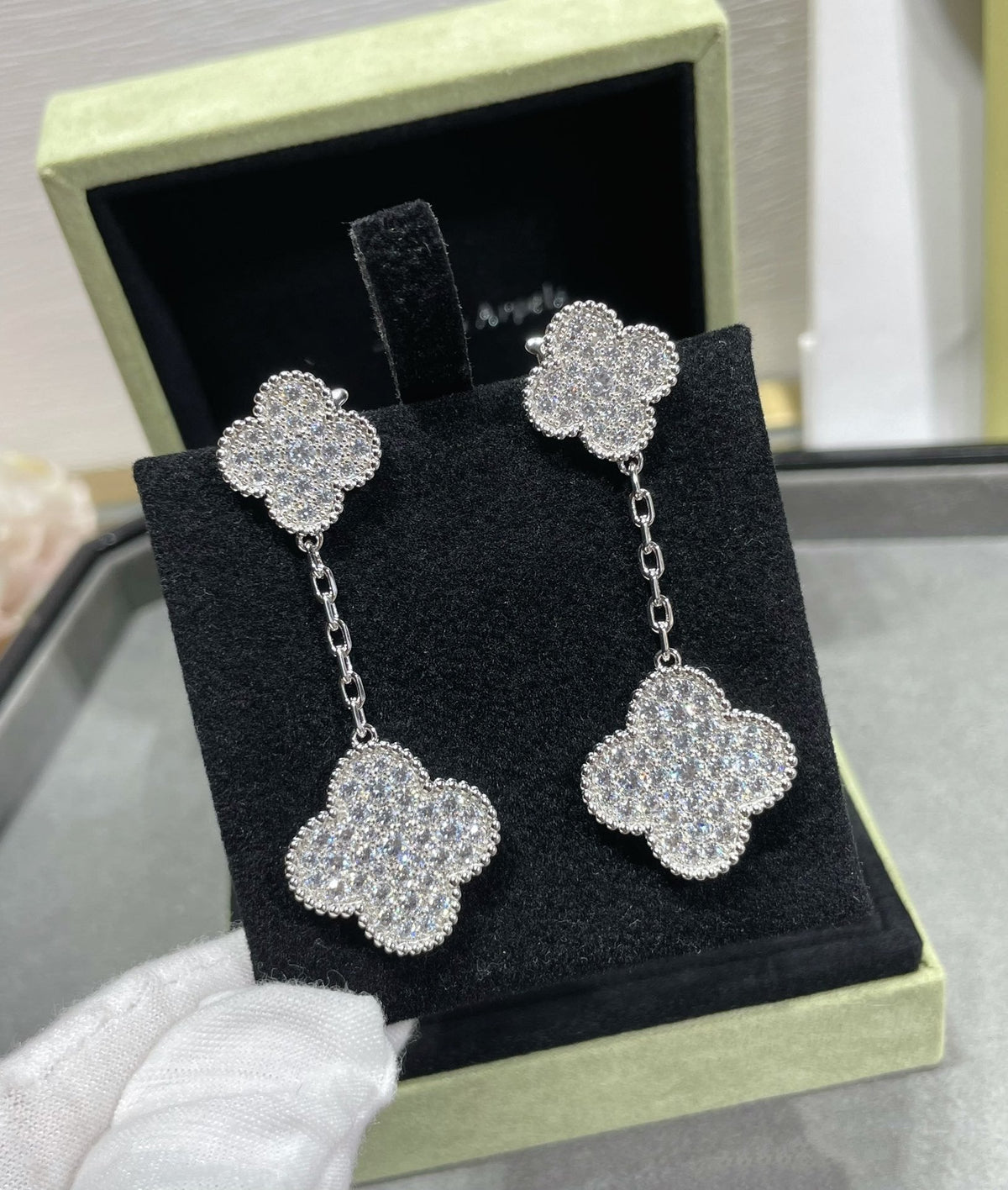 [⭐DORISW] クローバー 2モチーフ ダイヤモンドパヴェ シルバーピアス