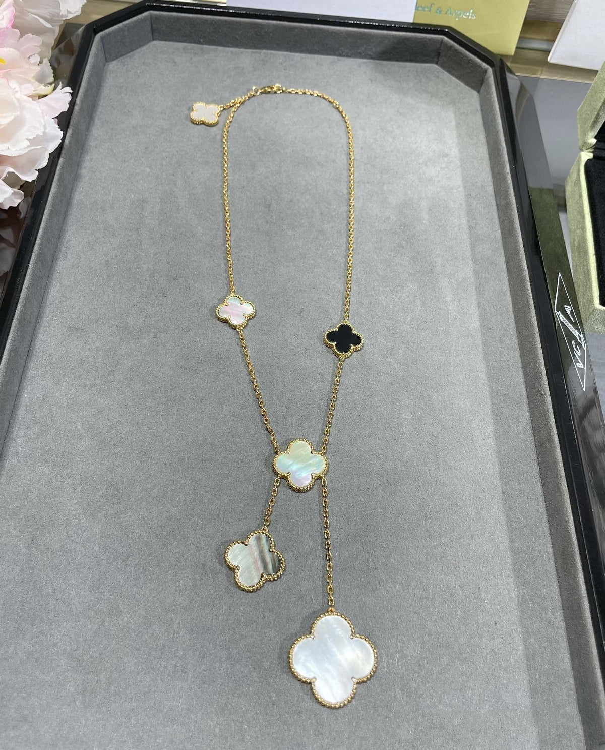 [⭐DORISW] CLOVER 6 MOTIF MOP ONYX GOLD NECKLACE