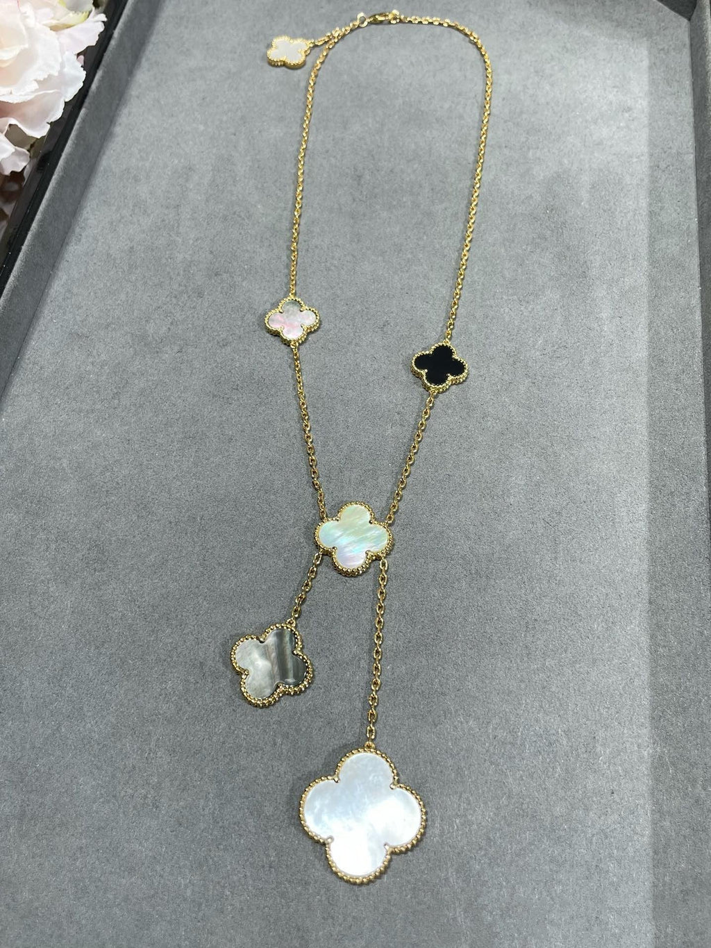 [⭐DORISW] CLOVER 6 MOTIF MOP ONYX GOLD NECKLACE