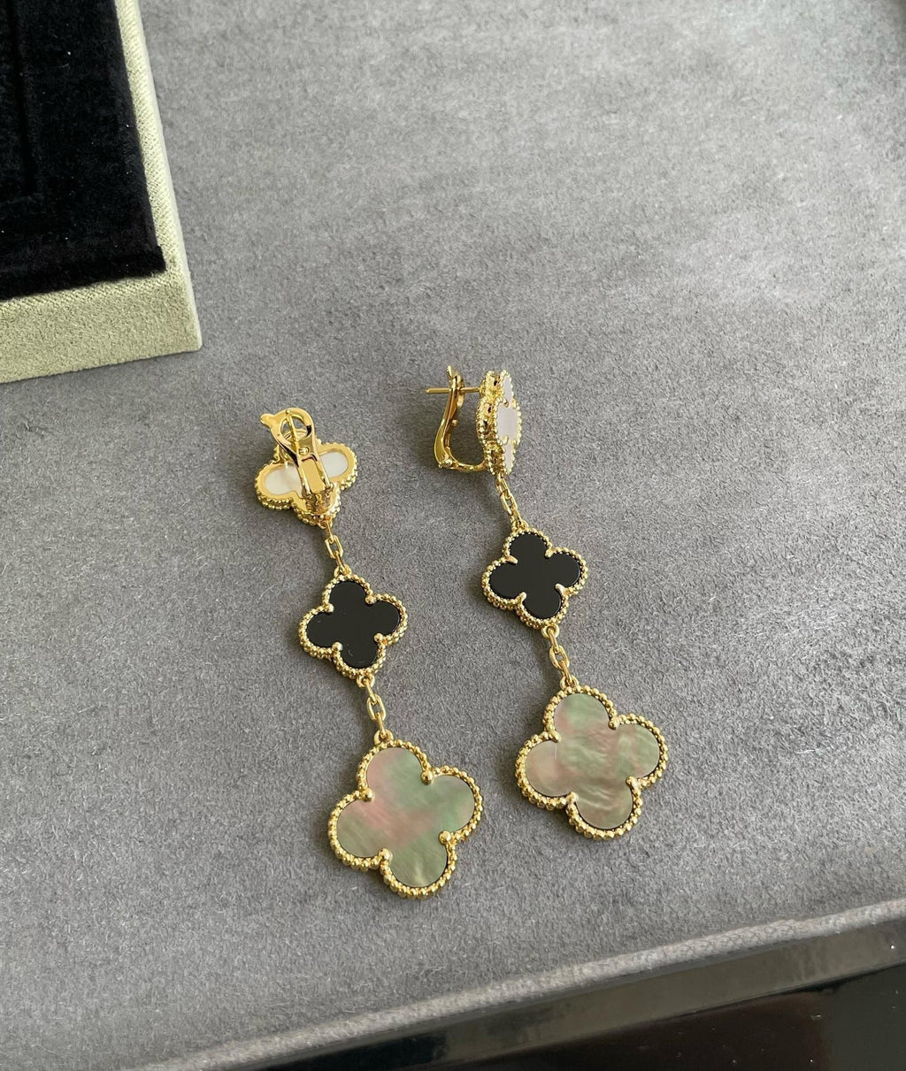 [⭐DORISW] CLOVER 3 MOTIF MOP ONYX DARK MOP PINK GOLD EARRINGS
