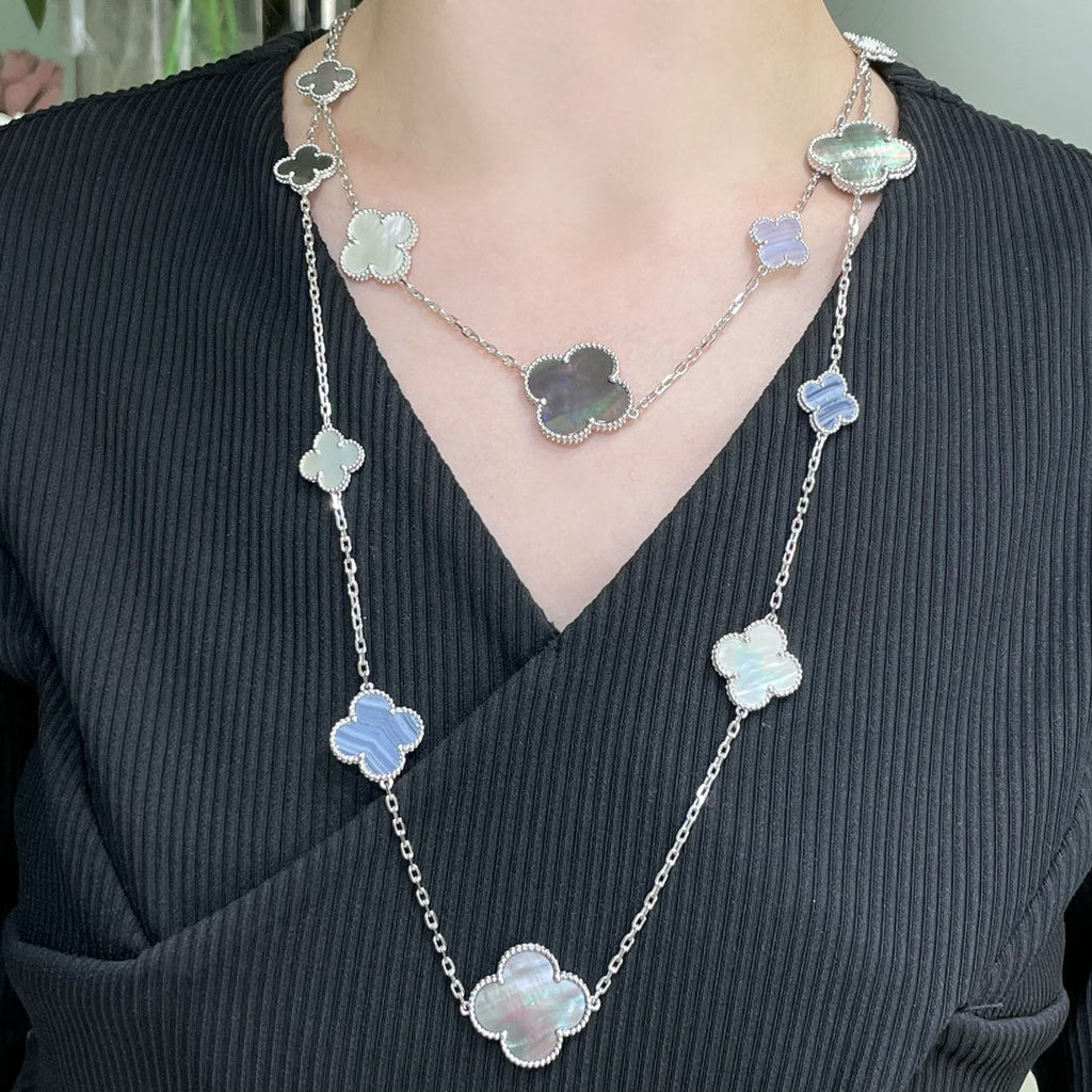 [⭐DORISW] CLOVER 16 MOTIV CHALCEDON PERLMUTT SILBERHALSKETTE