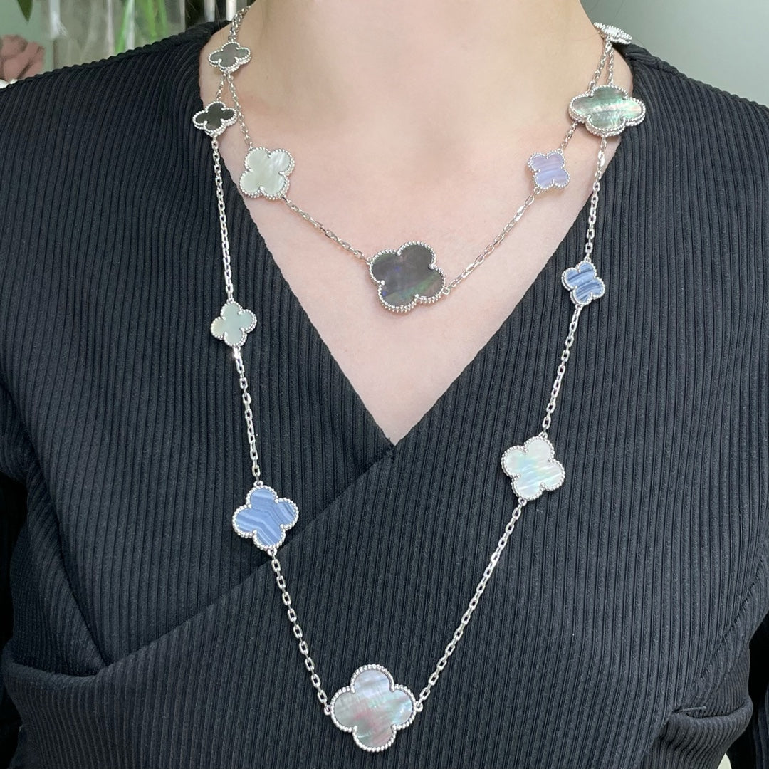[⭐DORISW] CLOVER 16 MOTIV CHALCEDON PERLMUTT SILBERHALSKETTE