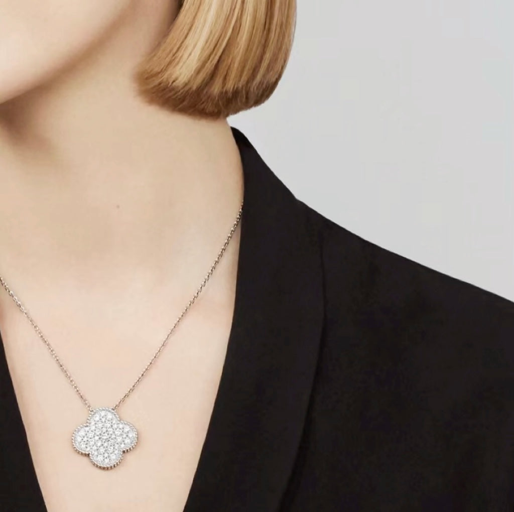 [⭐DORISW] CLOVER 25MM ラージペンダント ダイヤモンドパヴェ シルバーネックレス