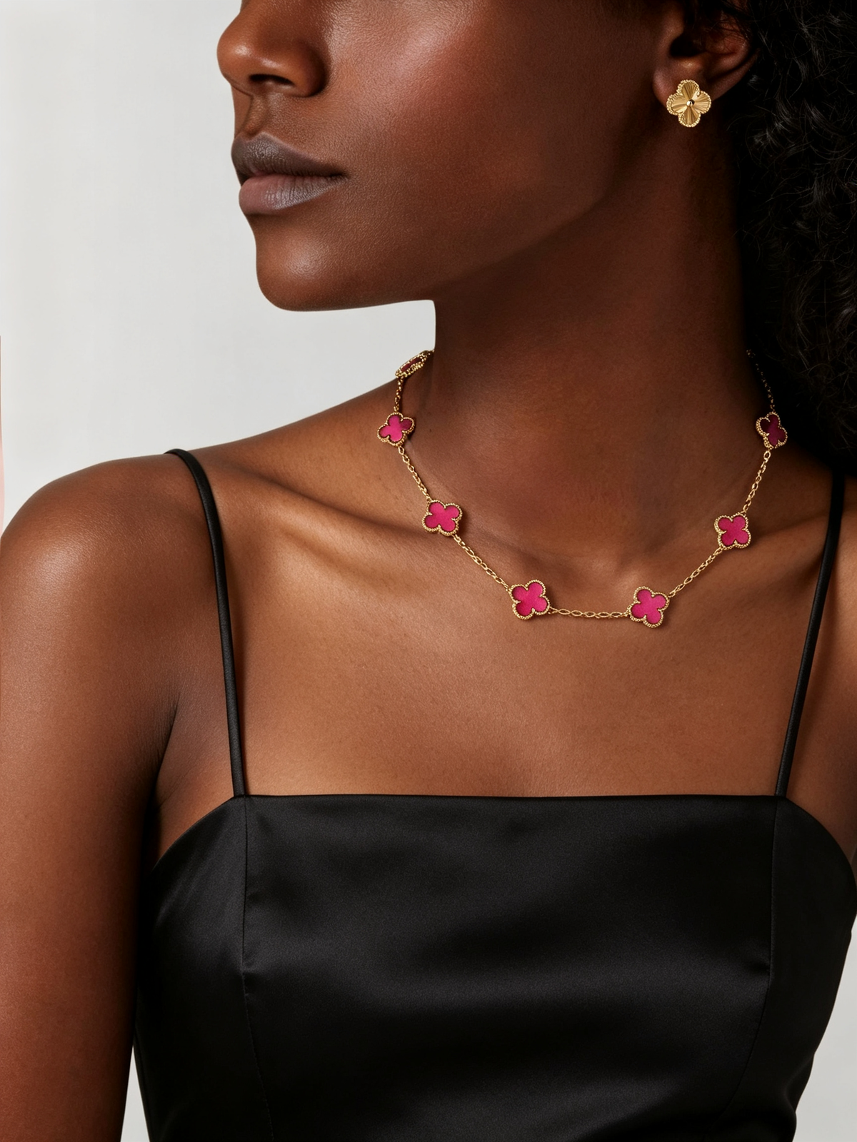[DORISW]NEW CLOVER 10 MOTIFS PINK ENAMEL NECKLACE