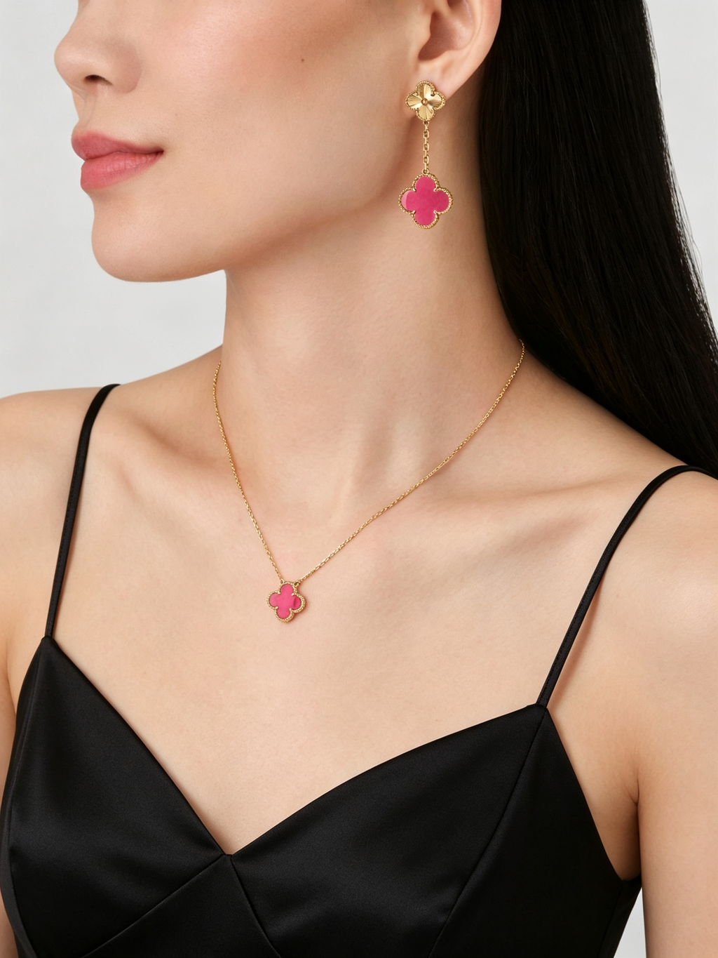 [DORISW]NEW CLOVER 2 MOTIF PINK ENAMEL EARRINGS