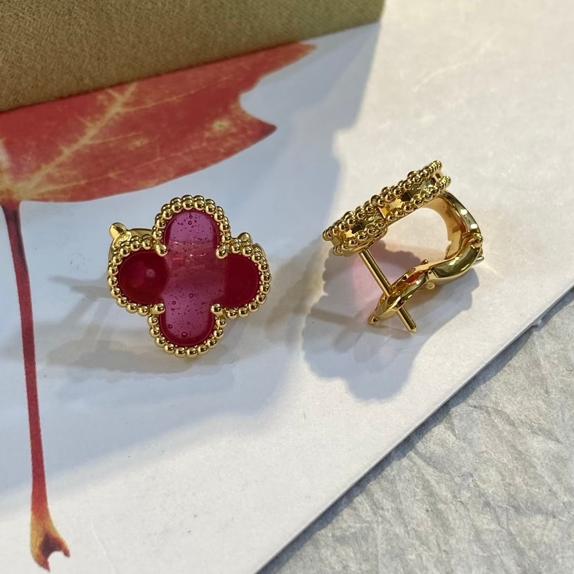 [DORISW]NEW CLOVER 15MM PINK ENAMEL STUD EARRINGS