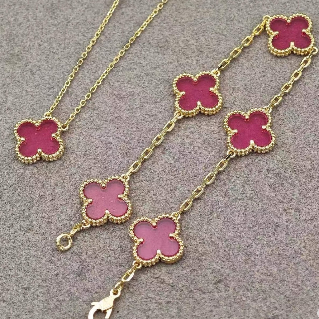 [DORISW]NEW CLOVER 5 MOTIFS PINK ENAMEL BRACELET