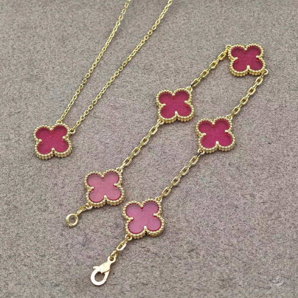 [DORISW]NEW CLOVER 5 MOTIFS PINK ENAMEL BRACELET