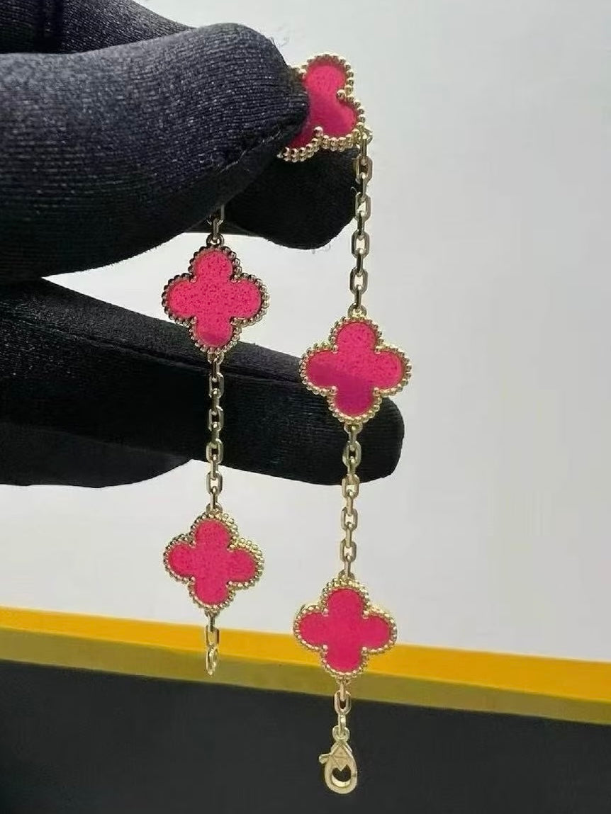[DORISW]NEW CLOVER 5 MOTIFS PINK ENAMEL BRACELET