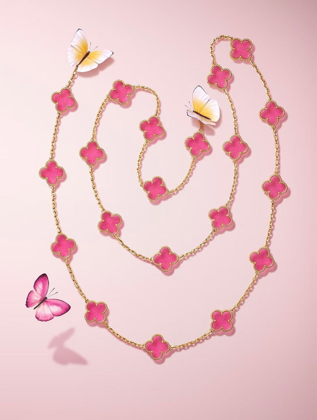 [DORISW] NEW CLOVER 20 MOTIFS PINK ENAMEL NECKLACE