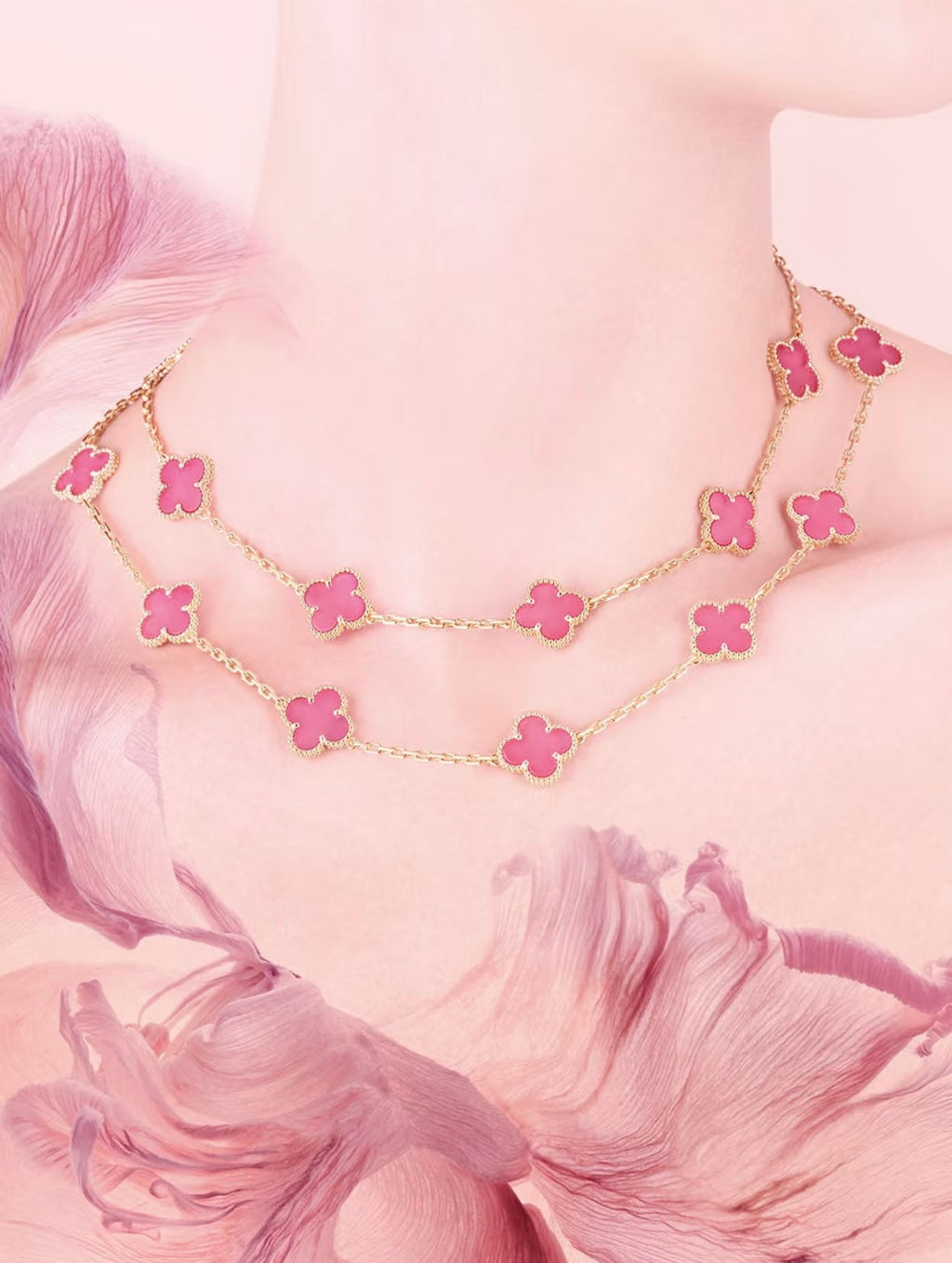 [DORISW] NEW CLOVER 20 MOTIFS PINK ENAMEL NECKLACE