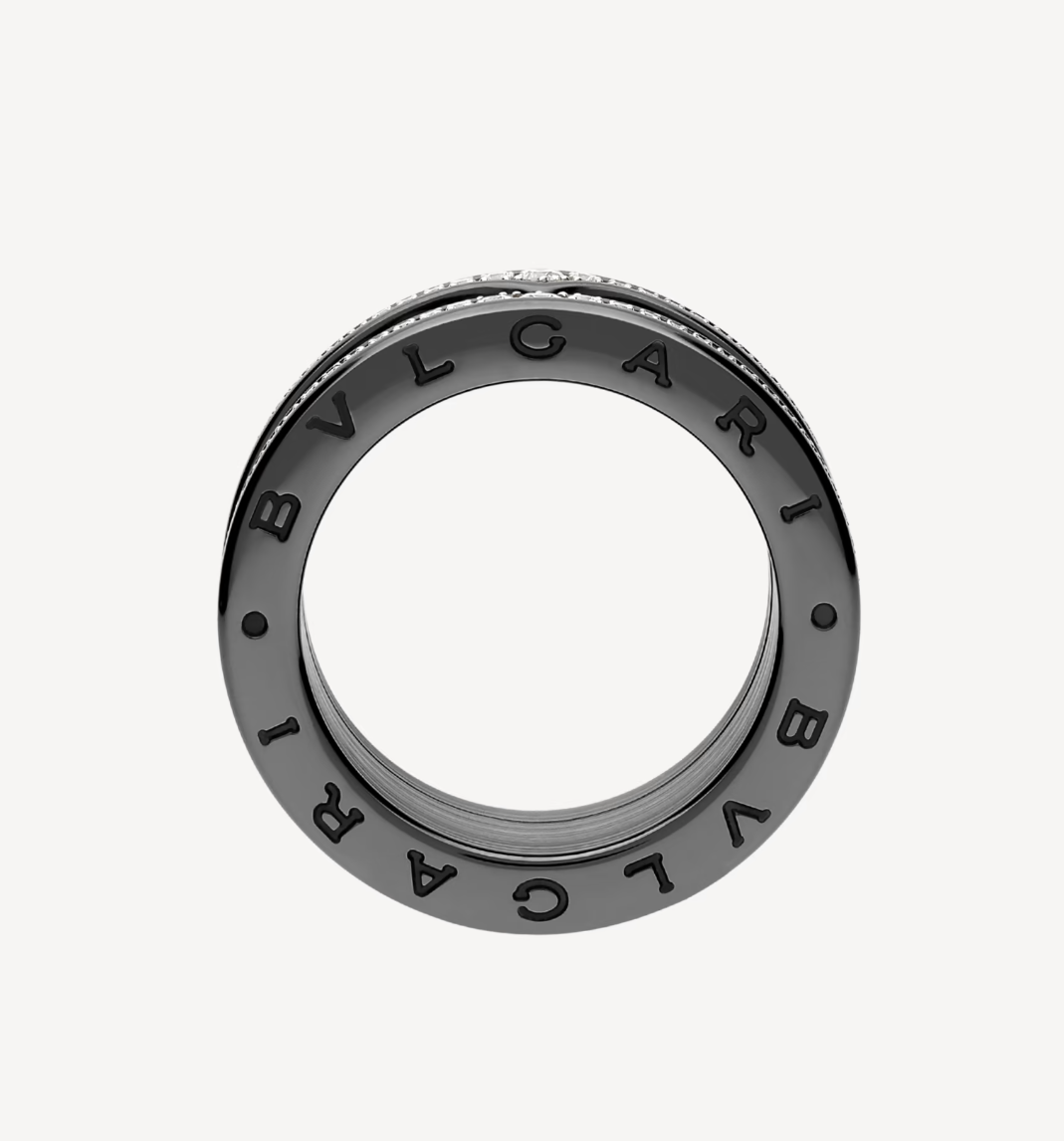 [⭐DORISW]ZERO 1 ロック 4バンド ブラックセラミック スタッズスパイラル パヴェダイヤモンド リング