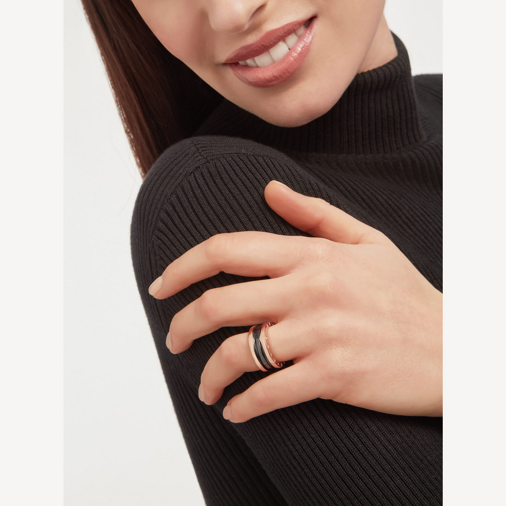 [⭐DORISW]ZERO 1 TWO-BAND LOOPS AND BLACK CERAMIC PINK GOLD RING