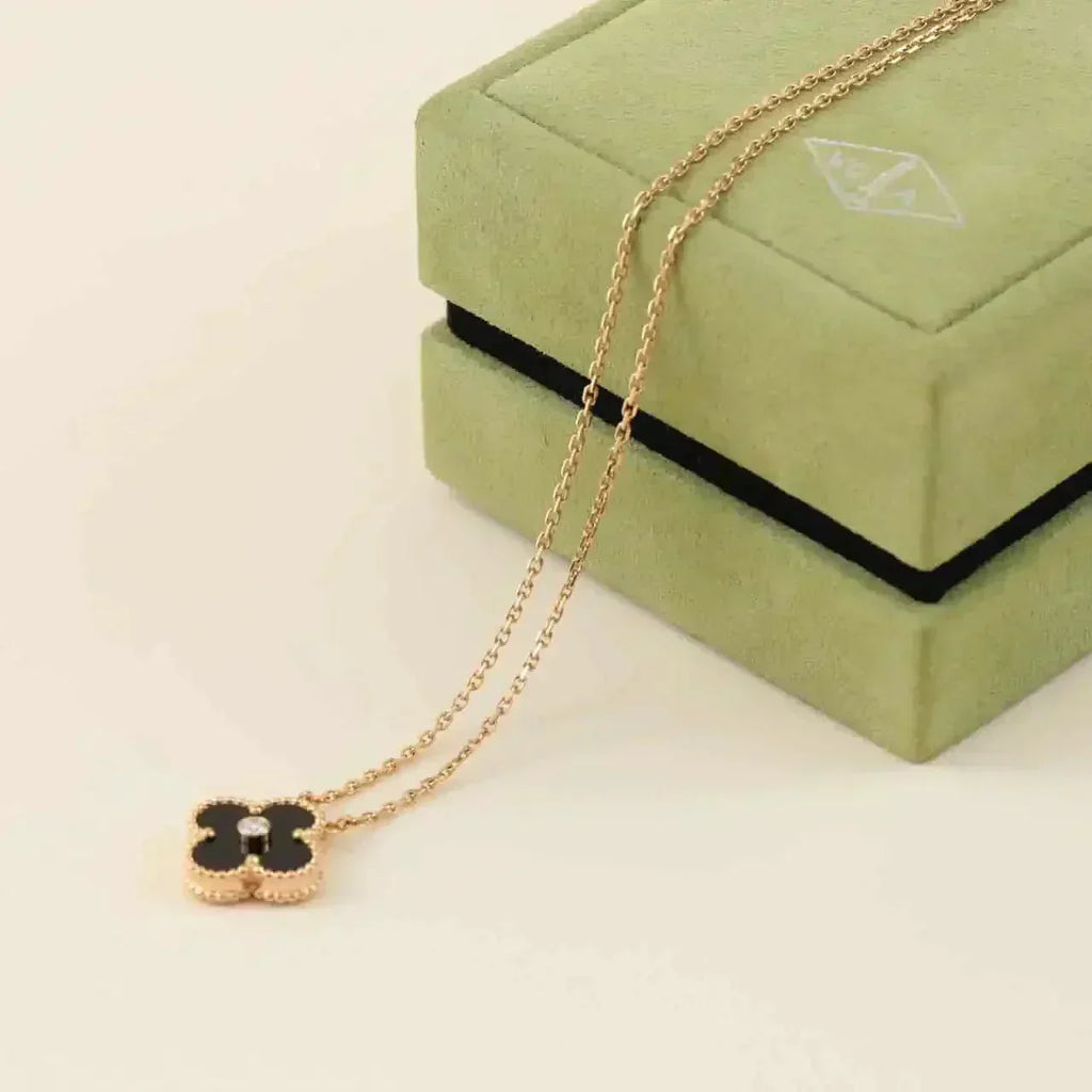[⭐DORISW] CLOVER 15MM DIAMOND ONYX NECKLACE
