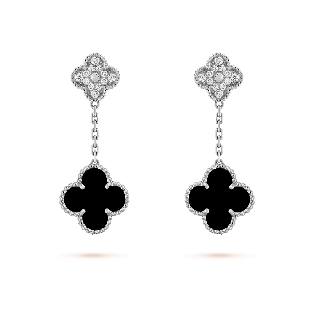 [⭐DORISW] CLOVER 2 MOTIFS  DIAMOND ONYX EARRINGS SILVER