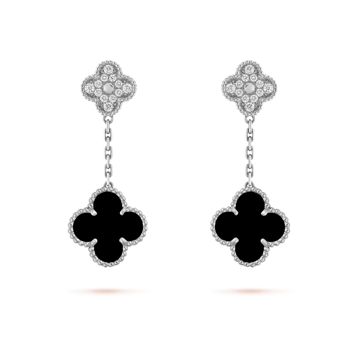 [⭐DORISW] CLOVER 2 MOTIFS  DIAMOND ONYX EARRINGS SILVER