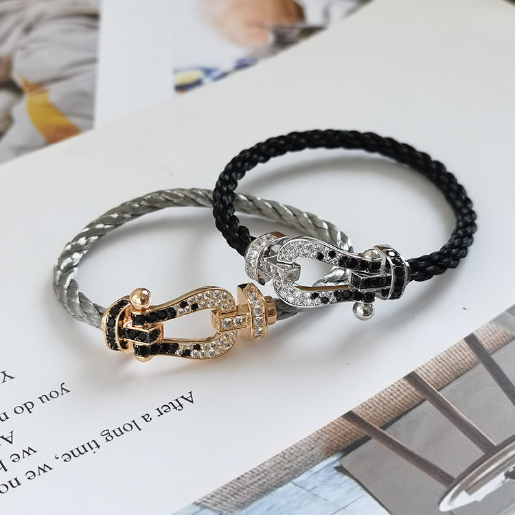 [⭐DORISW] FORCE LARGE HORSESHOE BLACK WHITE DIAMOND BRACELET SILVER