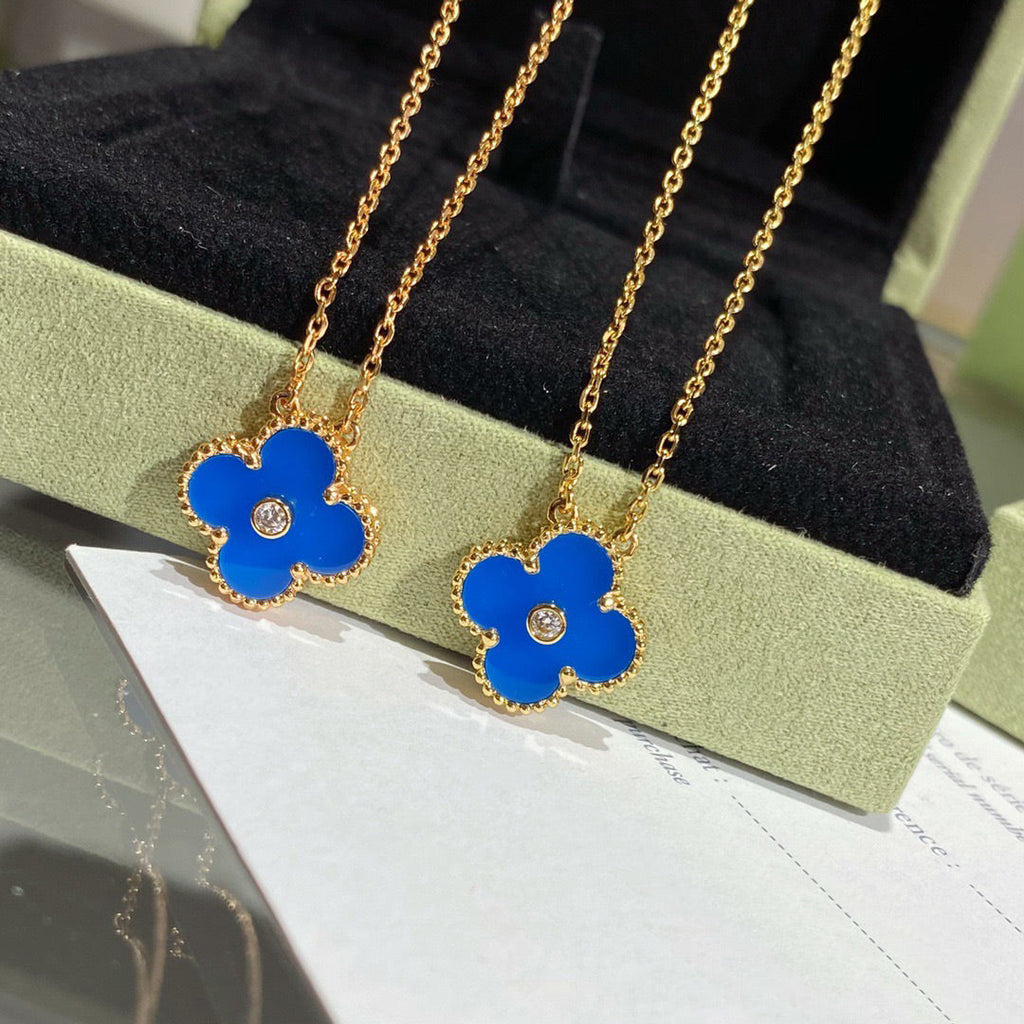 [⭐DORISW] CLOVER 15MM ダイヤモンド＆ブルーアゲート ネックレス