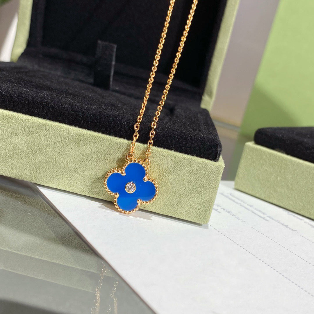 [⭐DORISW] CLOVER 15MM ダイヤモンド＆ブルーアゲート ネックレス