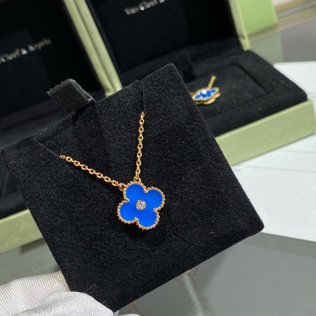 [⭐DORISW] CLOVER 15MM ダイヤモンド＆ブルーアゲート ネックレス