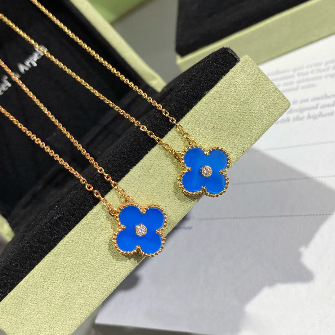 [⭐DORISW] CLOVER 15MM ダイヤモンド＆ブルーアゲート ネックレス